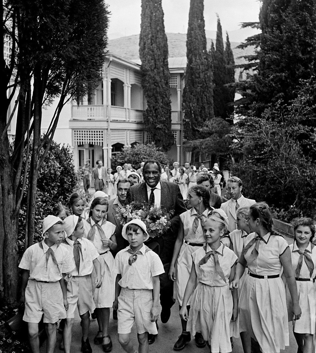 In honor of his birthday:
American actor, singer and Lenin Peace Prize prize winner Paul Robeson at the Artek International Children’s Centre, USSR 1958