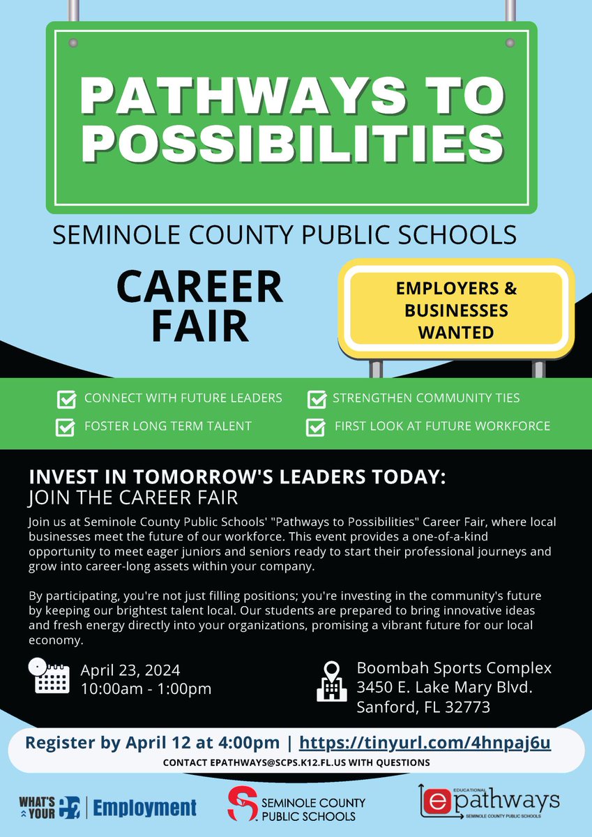 The deadline to register for the Seminole County Public Schools Pathways to Possibilities Career Fair is coming up soon. Register at lnkd.in/eh-GG6Bp by Friday, April 12th. #CareerFair #Employers #Businesses #SeminoleCounty #SeminoleCountyFL