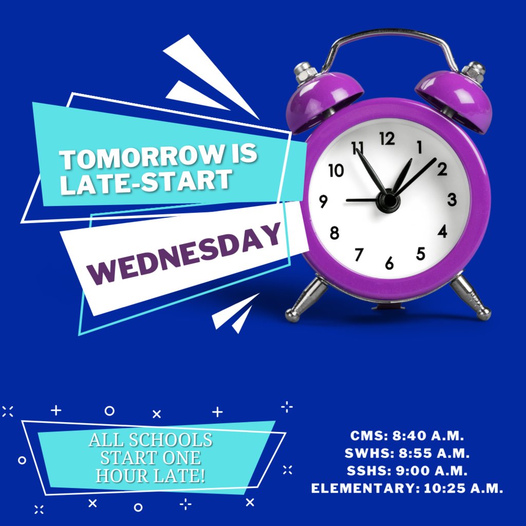SedroWoolleySD's tweet photo. Don't forget, all schools will start one hour late tomorrow so staff can participate in professional development!
CMS: 8:40 a.m.
SWHS: 8:55 a.m.
SSHS: 9:00 a.m.
Elementary: 10:25 a.m. https://t.co/mOyzMxL5le