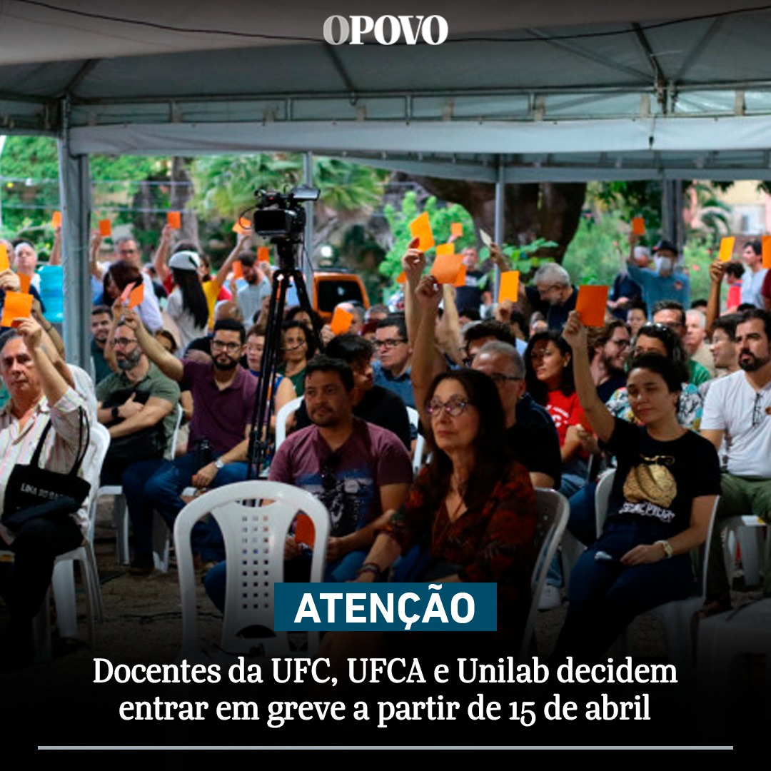 ⚠️Atenção!

Professores da UFC, UFCA e Unilab iniciam greve a partir de 15 de abril.

O placar foi de 360 votos favoráveis a greve, 18 contrários e 4 abstenções.

➡️ Saiba mais: bit.ly/3TR5oXk