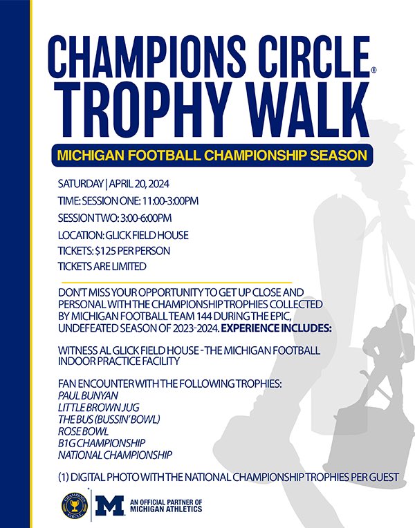 We are excited to announce the Champions Circle Trophy Walk! Don’t miss your opportunity to get up close and personal from the championship trophies collected by Team 144. Tickets are limited and will sell out fast. Get yours here: championscircleuofm.com/spring-game