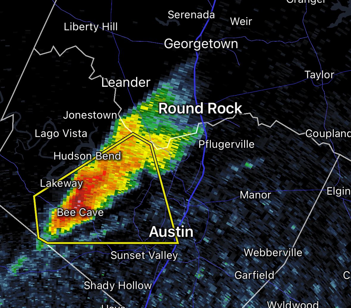 SEVERE THUNDERSTORM WARNING until 5:15 PM West Travis County, near Bee Cave and Lakeway. Large hail possible 60+ mph winds