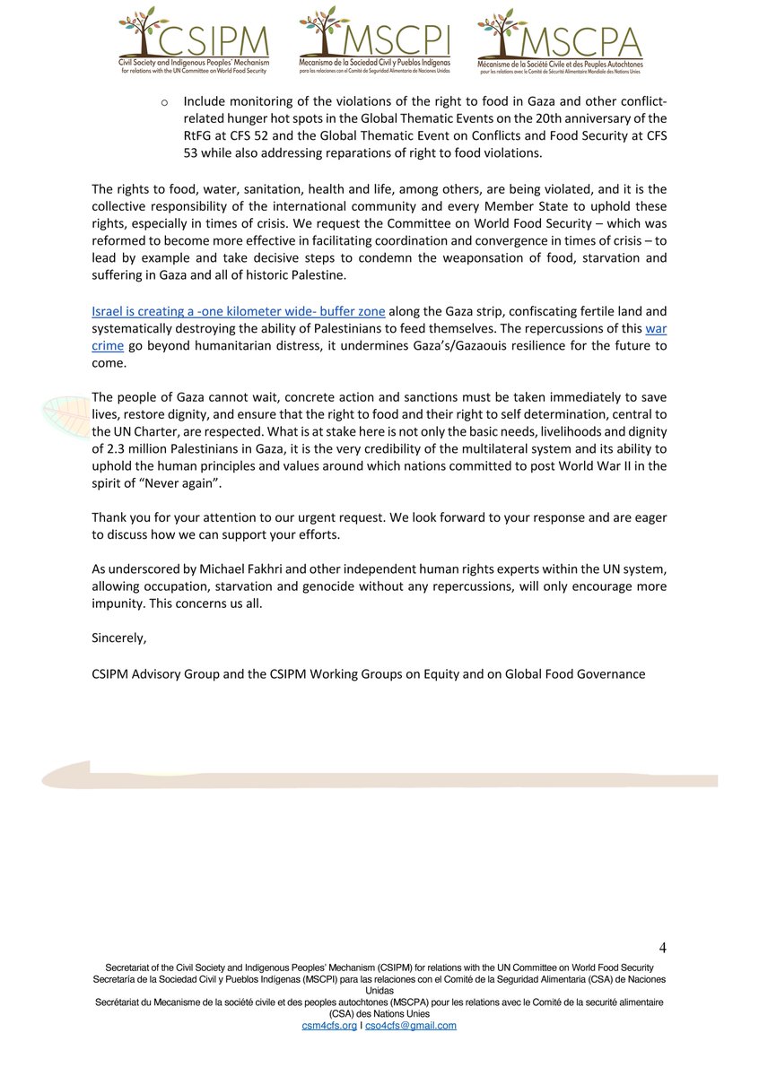 🚨Urgent call for action to address the Genocide and Starvation in #Gaza. - Letter from #CSIPM Advisory Group, Equity & Global Food Governance working groups to @UN_CFS Chair Ambassador Nosipho Jezile 📝 🔗Share the letter csm4cfs.org/urgent-call-fo… #GazaGenocide #CeaseFireNOW