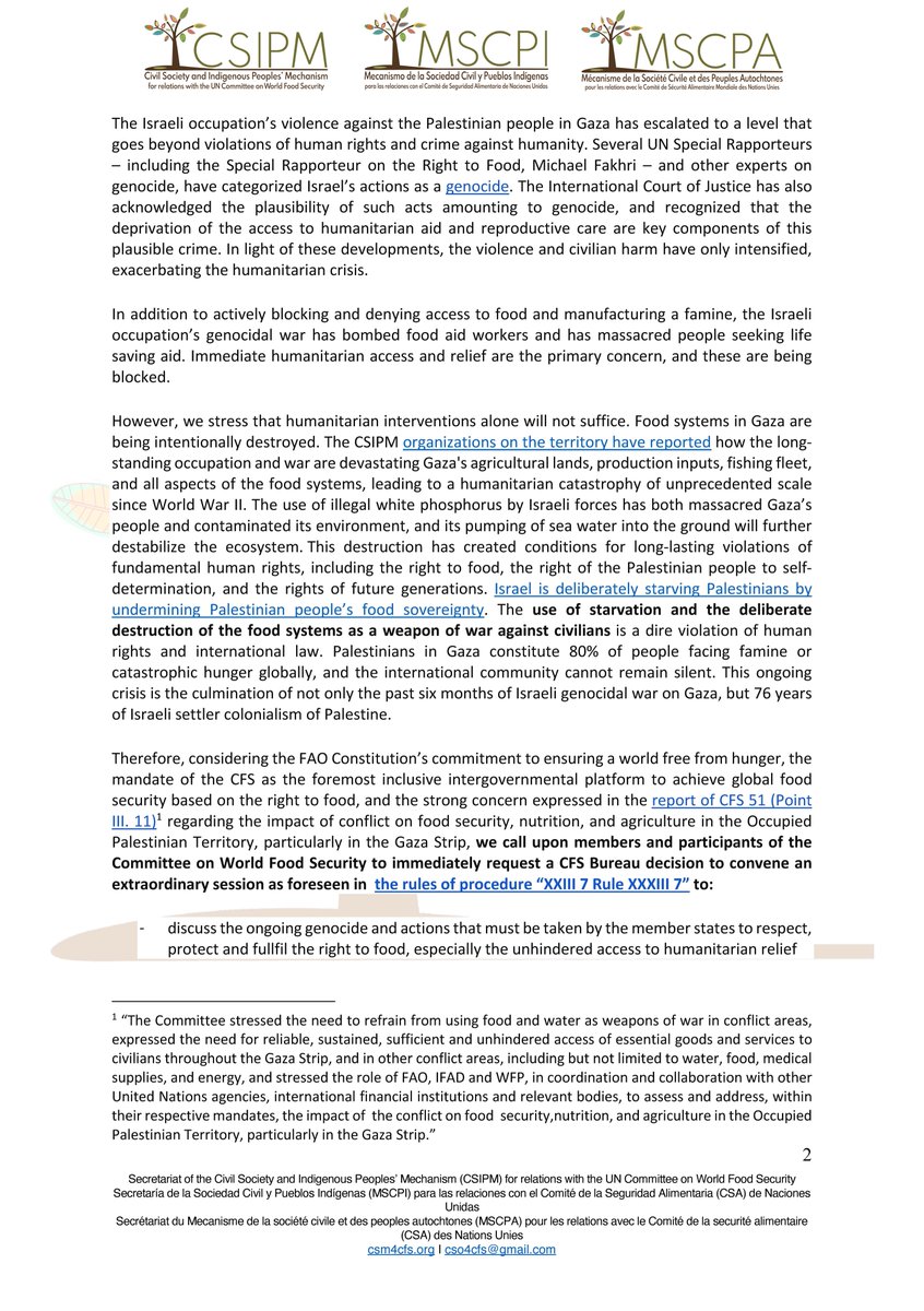 CSM4CFS's tweet photo. 🚨Urgent call for action to address the Genocide and Starvation in #Gaza. 
- Letter from #CSIPM Advisory Group, Equity &amp; Global Food Governance working groups to @UN_CFS Chair Ambassador Nosipho Jezile 📝

🔗Share the letter https://t.co/sq9AmFycnh 

#GazaGenocide #CeaseFireNOW https://t.co/uRc88415kl