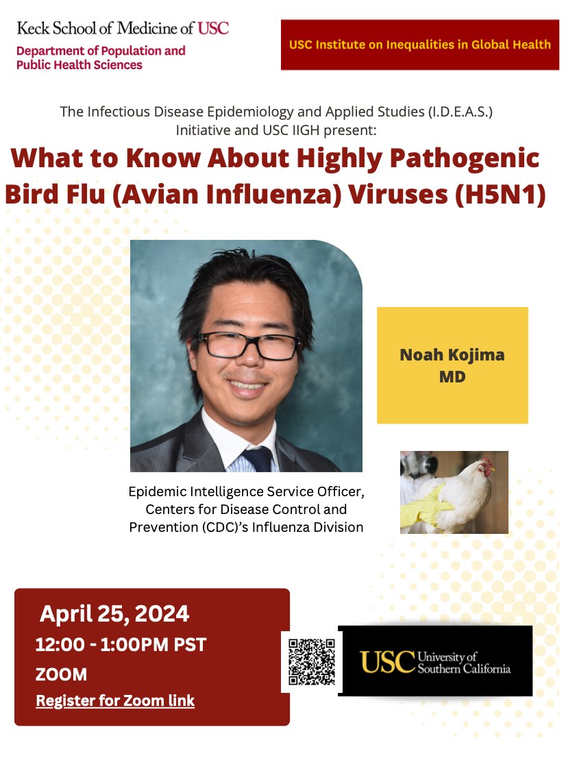 EVENT: The Infectious Disease Epidemiology & Applied Studies (IDEAS) Initiative & the @USCGlobalHealth invite you to a seminar featuring Noah Kojima, MD, who currently serves as an Epidemic Intelligence Service Officer at the CDC's Influenza Division RSVP:bit.ly/4cIt74B
