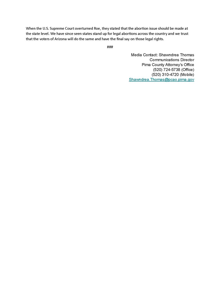 PimaCountyAtty's tweet photo. PCAO is releasing the following statement regarding the Arizona Supreme Court decision on Reproductive Rights. https://t.co/GXRGg3O06c