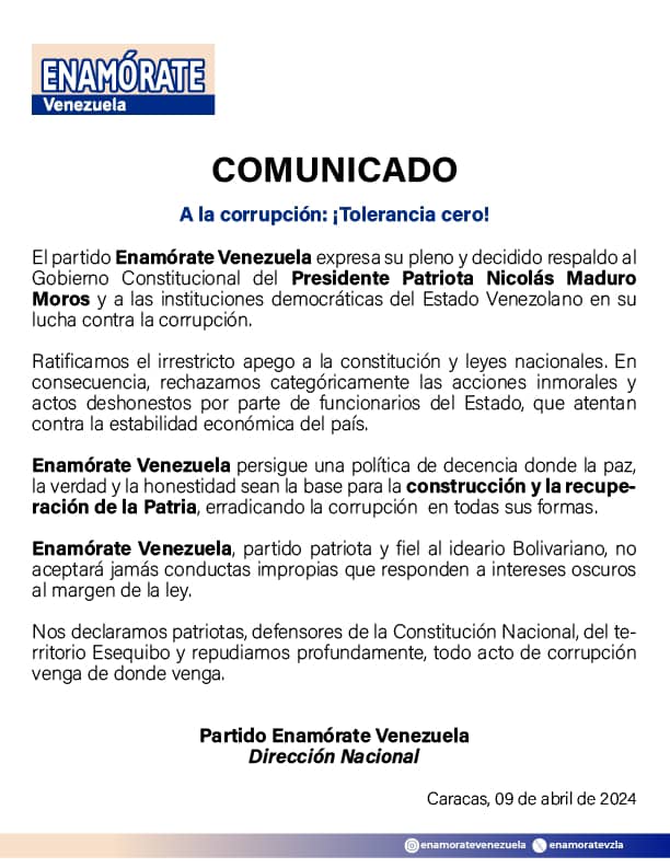 #Comunicado

Enamórate Venezuela expresa su pleno y decidido respaldo al Presidente Patriota @NicolasMaduro en su lucha contra la corrupción. 

#AvanzaPuebloUnido 
#CaigaQuienCaiga