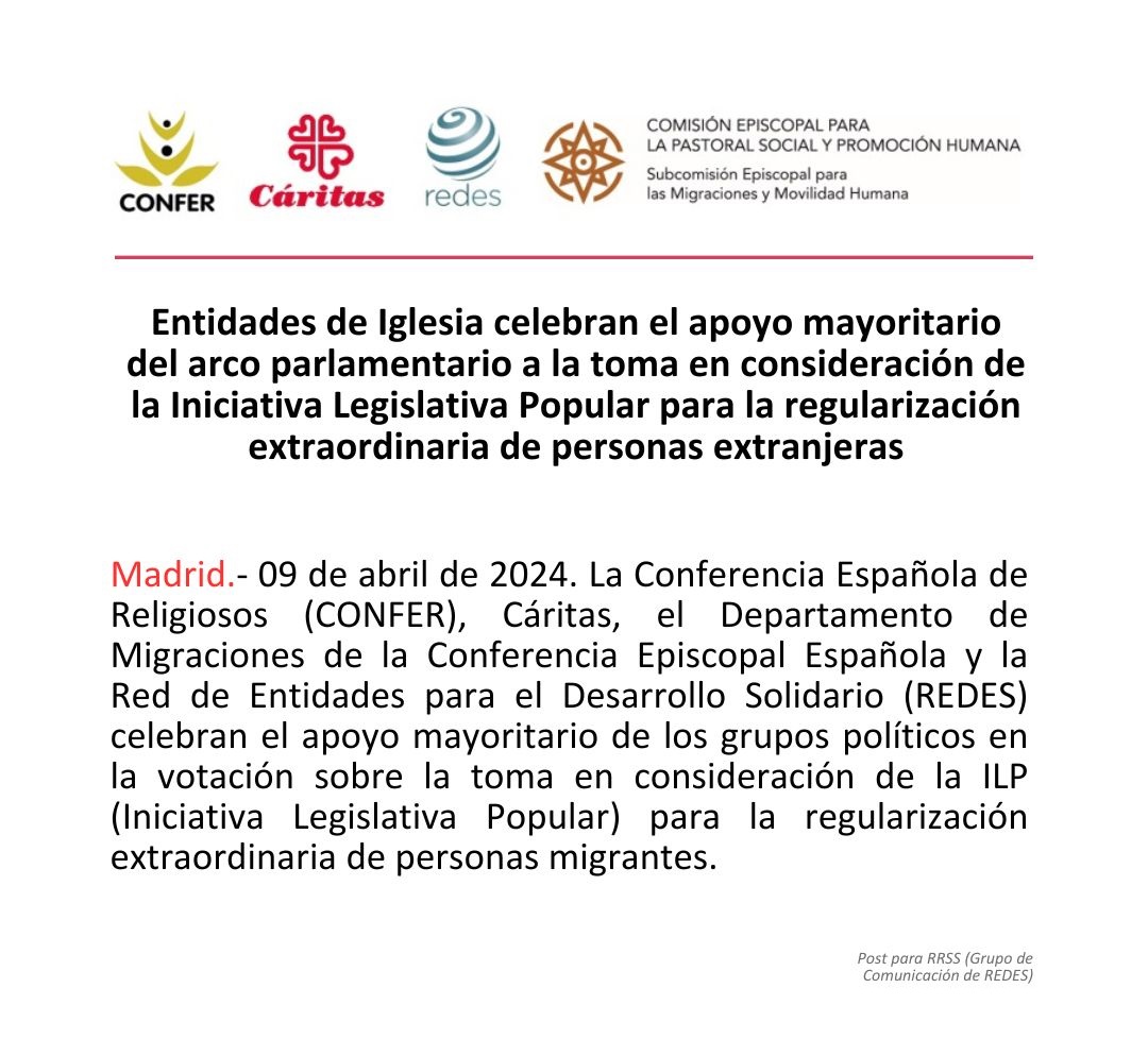 📢 @CONFER @_CARITAS @PMigraciones @prensaCEE y @REDES_ONGD celebran el apoyo mayoritario de los grupos políticos en la votación sobre la toma en consideración de la #ILP para la regularización extraordinaria de personas migrantes. caritas.es/main-files/upl… #ILPregularizacion