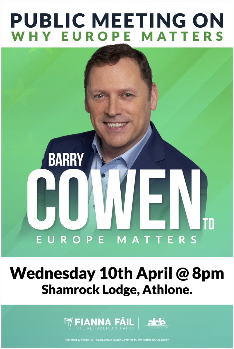Barry Cowen MEP (@cowenbarry) on Twitter photo 🚨I will be hosting the first of my public meetings on ‘Why Europe Matters’ 🇪🇺 in Athlone tomorrow at 8pm. All are welcome to attend.
Guests include ex <a href="/IFAmedia/">Irish Farmers' Association</a> deputy <a href="/brianrushe81/">Brian Rushe</a>, Paul Concannon of <a href="/CorioGeneration/">Corio Generation</a> & Oliver O’Connor, CEO of <a href="/ipha/">IPHA</a>. Chaired by <a href="/RobertTroyTD/">Robert Troy TD</a> 🚨I will be hosting the first of my public meetings on ‘Why Europe Matters’ 🇪🇺 in Athlone tomorrow at 8pm. All are welcome to attend.
Guests include ex <a href="/IFAmedia/">Irish Farmers' Association</a> deputy <a href="/brianrushe81/">Brian Rushe</a>, Paul Concannon of <a href="/CorioGeneration/">Corio Generation</a> & Oliver O’Connor, CEO of <a href="/ipha/">IPHA</a>. Chaired by <a href="/RobertTroyTD/">Robert Troy TD</a>