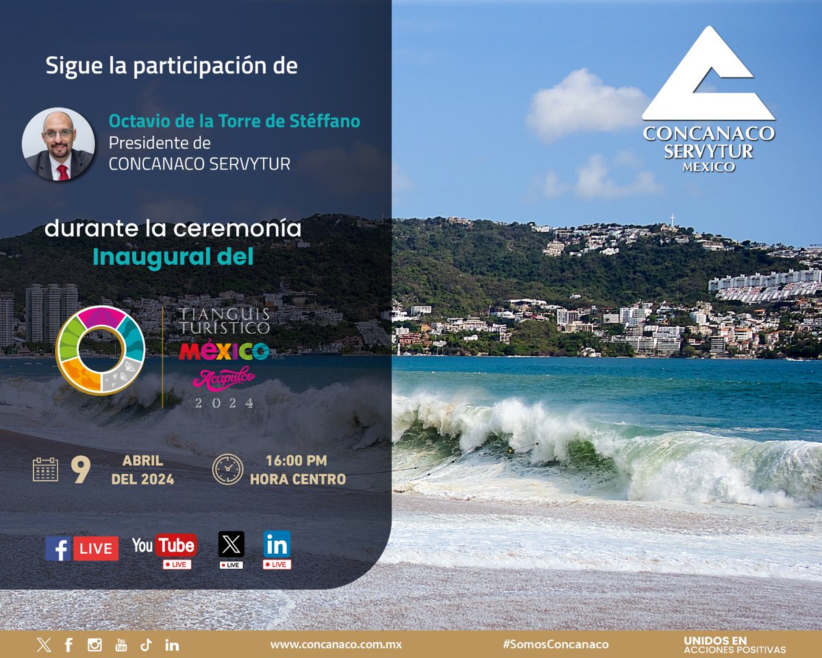CONCANACO's tweet photo. ¡Ven y descubre México! 🌴 CONCANACO SERVYTUR te invita a la inauguración del Tianguis Turístico 2024 en Acapulco. 🎉 Como orador representando al sector empresarial estará Octavio de la Torre, nuestro presidente. ¡No te lo puedes perder! 🌟 

🗓️ Hoy
⏰ 16:00 (hora centro)
🖥️ Link para verla: https://t.co/FyZsLN56Ft