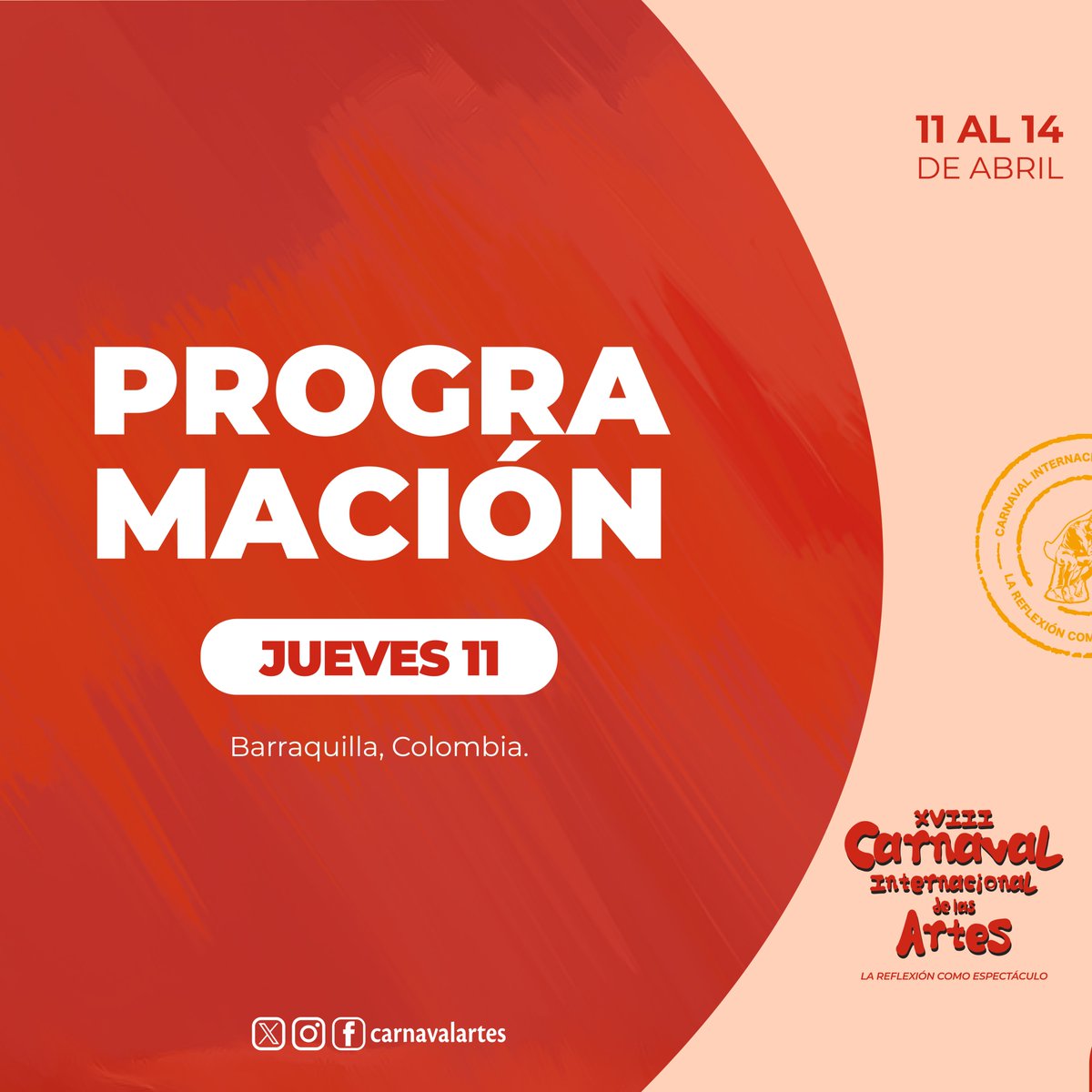 PROGRAMACIÓN DÍA 1
👉🏻 JUEVES 11

¡Agéndate y disfruta! 🥳
🔗instagram.com/p/C5jARfFqlQ1/…

⚠️Recuerda⚠️
Todas las entradas son de libre acceso hasta completar aforo. ¡Te esperamos!

#Carnavalartes