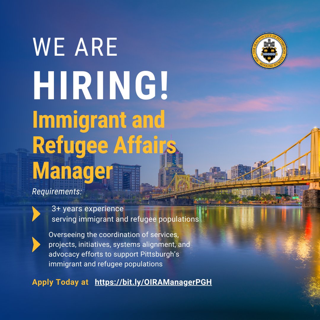 We are looking for someone to manage the City's Office of Immigrant & Refugee Affairs. This person will oversee the coordination of services, projects, initiatives, systems alignment, & advocacy efforts to support PGH's immigrant and refugee populations. bit.ly/OIRAManagerPGH