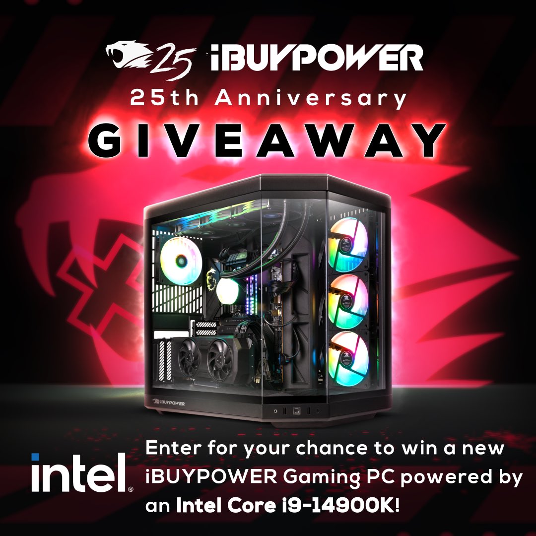 🎆25th ANNIVERSARY GIVEAWAY🎉

this month, we're celebrating our 25th anniversary with @IntelGaming by giving away 1 brand new Gaming PC! 🥳

🔹 Intel Core i9-14900K
🔹 GeForce RTX 4070
🔹 HYTE Y70 Case

enter to win! giv.gg/intel25 | #iBP25