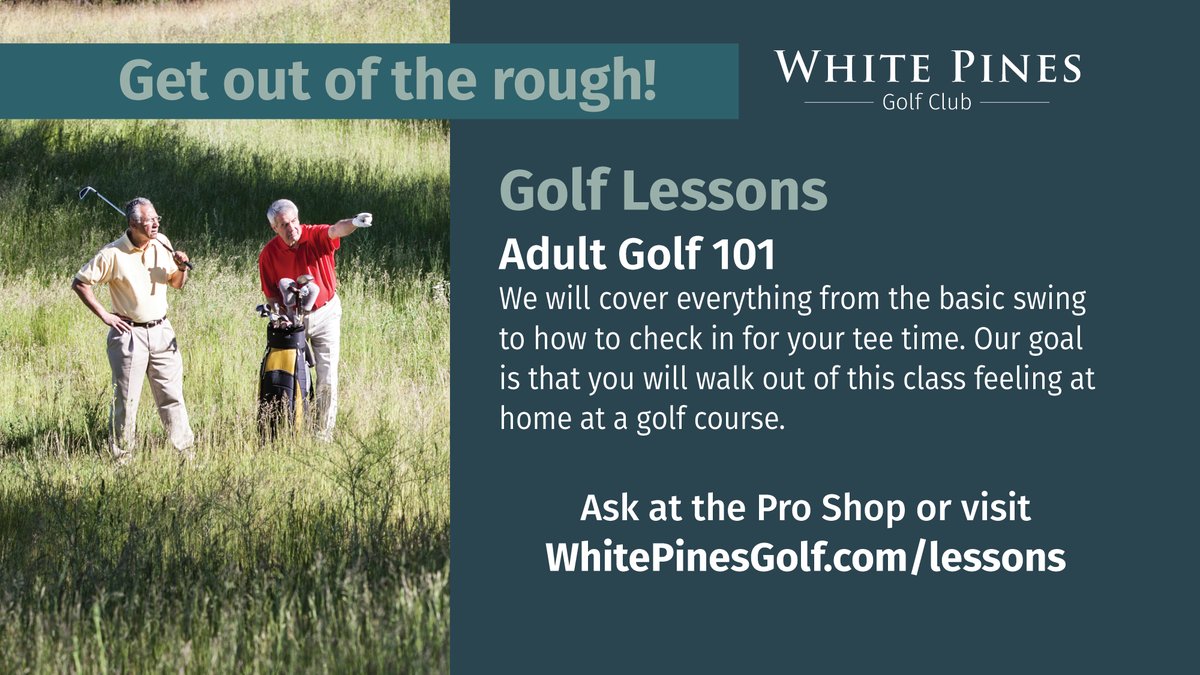 🏌️‍♂️Get out of the rough! Adult Golf 101 for ages 18+ runs 6-7 p.m. Tuesdays, April 30-May 21. ⛳ Learn the great game of #golf from the pros at #WhitePines! Fee is $110. No clubs? No problem!🏌️‍♀️ #playgolf #golflessons #golftip #LearnGolf #golfetiquette