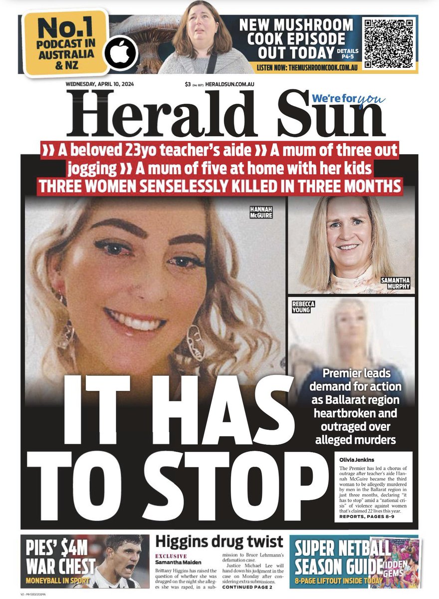 On the front page of today’s @theheraldsun: Outrage and heartbreak after the alleged murders of 3 Ballarat women in 3 months Their names were: - Rebecca Young - Samantha Murphy - Hannah McGuire heraldsun.com.au/truecrimeaustr… @96mitchclarke @ReganHodge2 @JadeGailberger @MilesProust