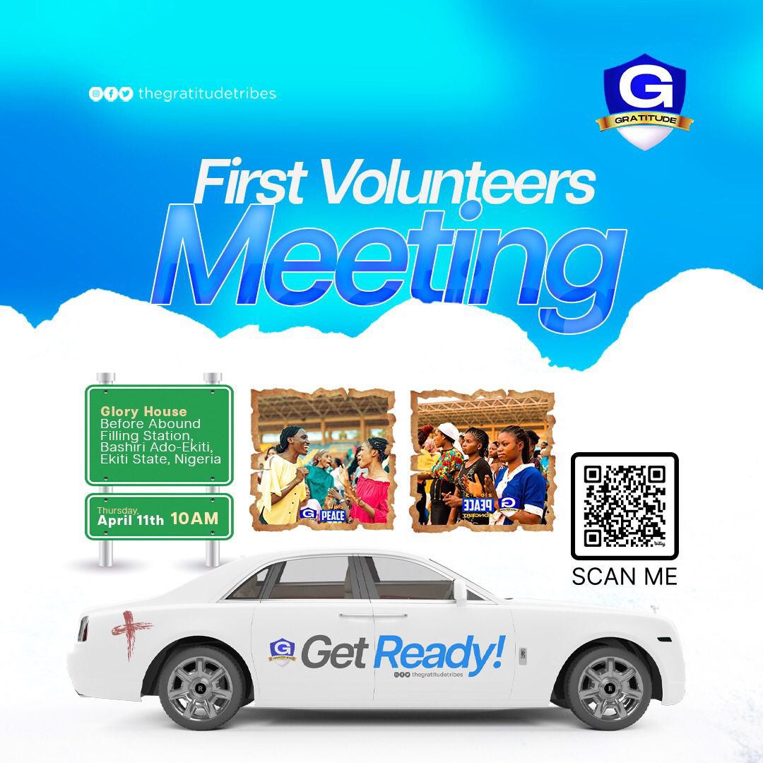 EKITI PEACE CONCERT FIRST VOLUNTEERS MEETING

 This is a call to every volunteer and intending members to their first meeting, find the details below;

Venue; RCCG Royal Ambassadors(Glory House, before Abound filling station, Bashiri, Ado Ekiti)
Date; Thursday 11th of April, 2024