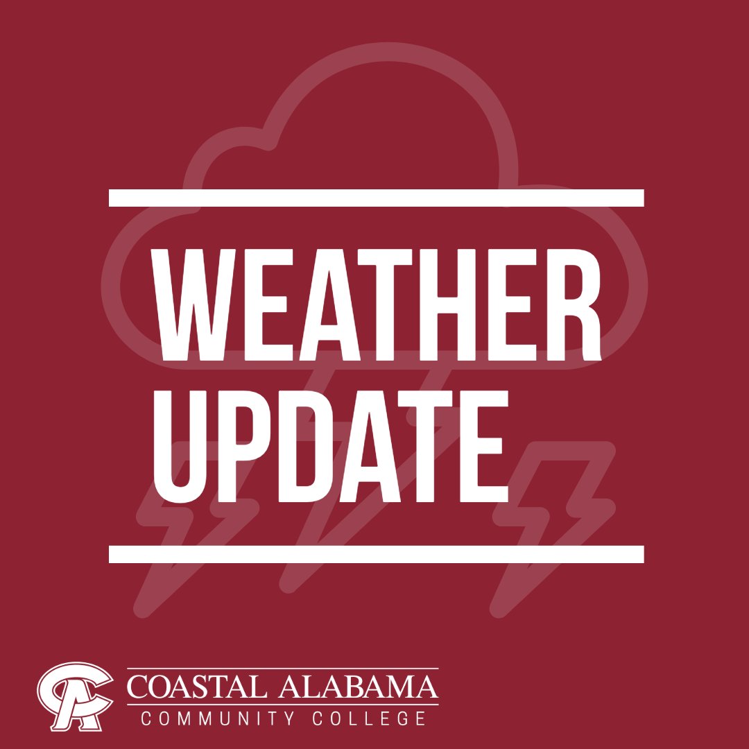 Due to inclement weather, all campuses of Coastal Alabama will close at 12:15 PM on Wednesday, April 10. Classes will resume on April 11 as scheduled. Learn more at bit.ly/3xvpFdk