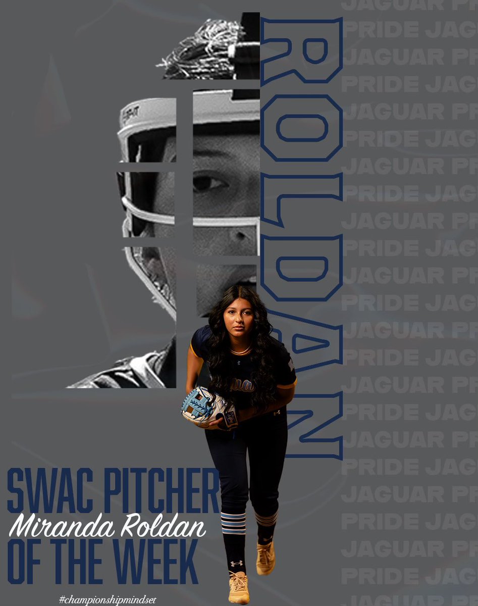 Congratulations to @SUsoftball_ Miranda Roldan on being named the Apr. 9 | SWAC Softball Pitcher of the Week 🥎 for her No Hitter!!! #GoJags | #SouthernIsTheStandard | #ProwlOn | #ElevateTheStandard