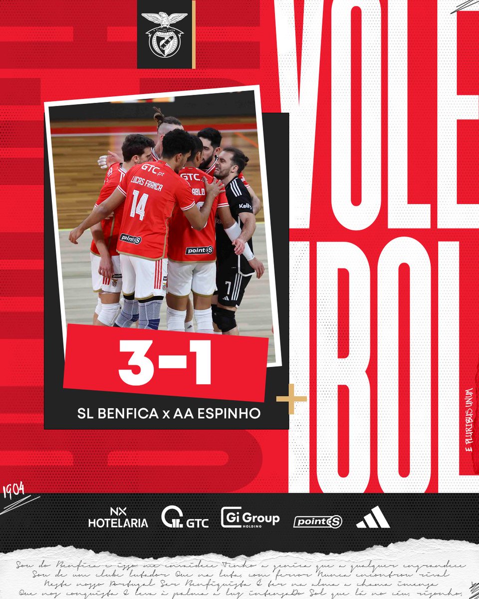 🦅 Vitória em casa e o #VóleiBenfica está na 𝐟𝐢𝐧𝐚𝐥 𝐝𝐨 𝐩𝐥𝐚𝐲-𝐨𝐟𝐟 𝐝𝐨 𝐂𝐚𝐦𝐩𝐞𝐨𝐧𝐚𝐭𝐨 𝐍𝐚𝐜𝐢𝐨𝐧𝐚𝐥! 🏐 Parciais: 25-17 | 25-18 | 18-25 | 25-19 #NXHotelaria #GTC #GiGroupHolding #PointS @adidas