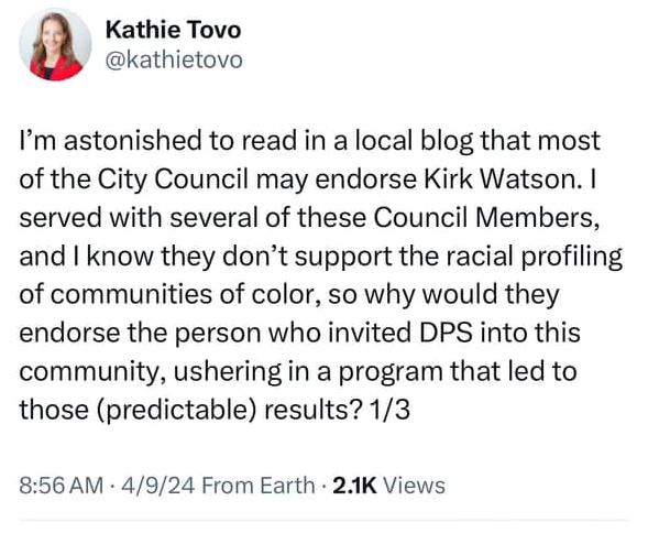 Hey Kathie, cheer up: Maybe you can get Adler's and Casar's endorsements! On a side note: Does this mean we will hear a Watson re-election announcement tomorrow? 🍿