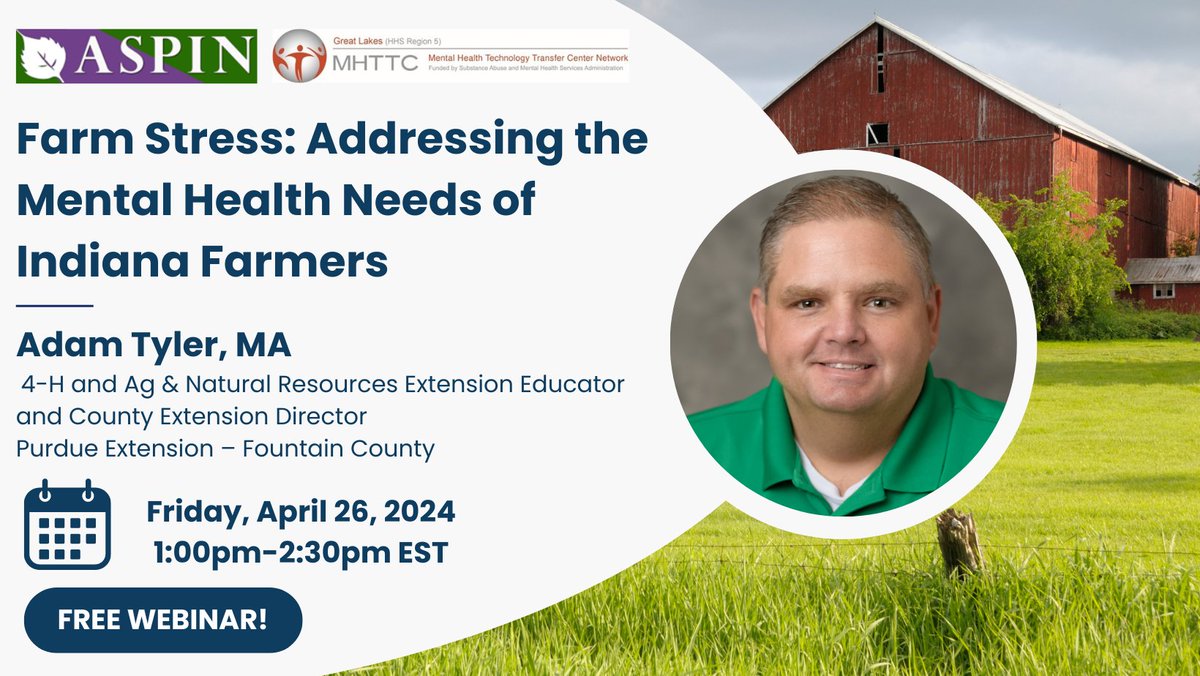 Join us for our FREE Webinar this month on April 26th from 1p-2:30p EST and earn CEUs! 'Farm Stress: Addressing the Mental Health Needs of Indiana Farmers' 
✨Register: lnkd.in/gXMZfUVe