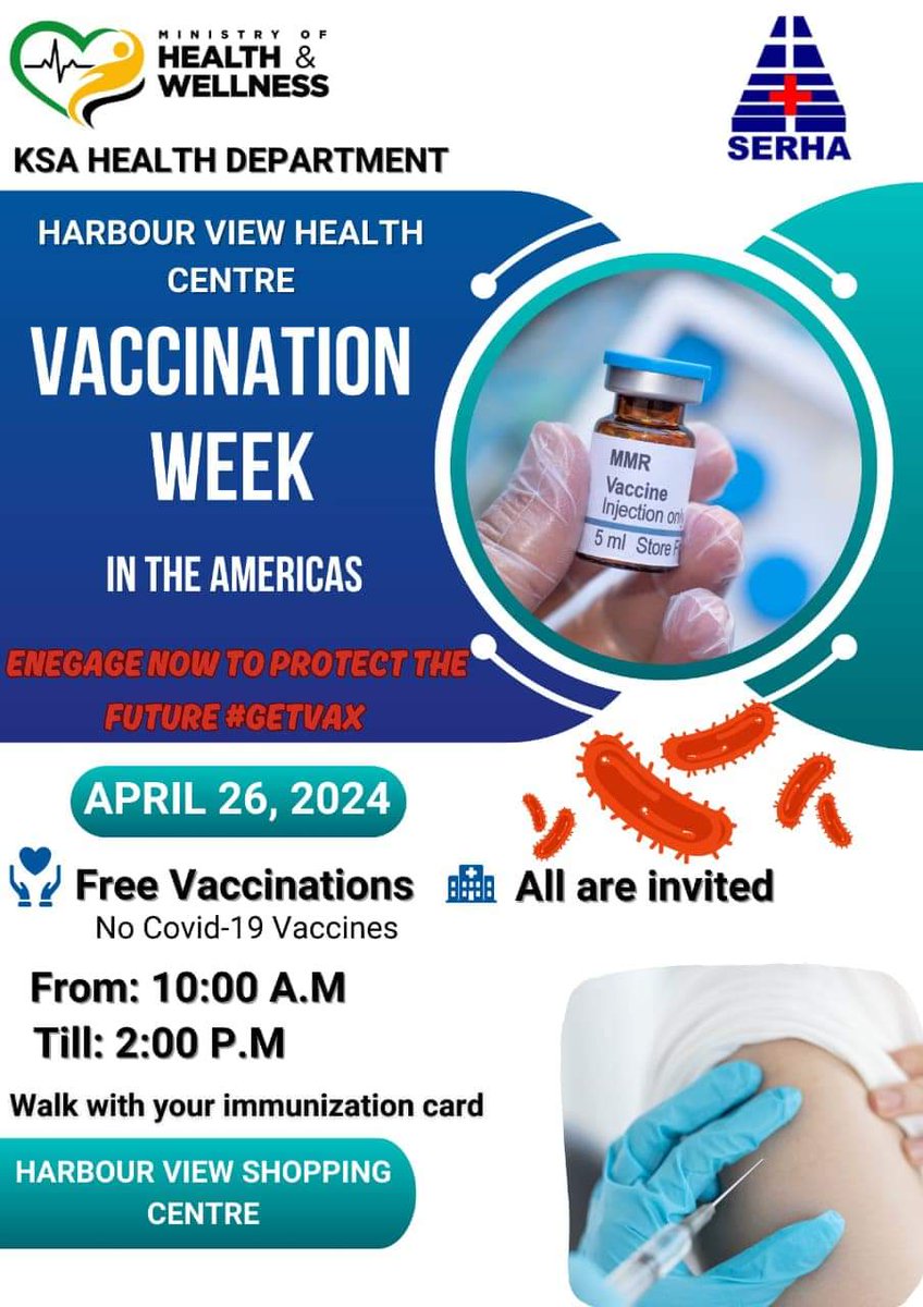 The Kingston & St. Andrew Health Department & Harbour View Health Centre will be hosting Vaccination Week on Friday, April 26, 2024, at the Harbour View Shopping Centre. @themohwgovjm @SRHAJamaica @mohnerha @wrhagovjm