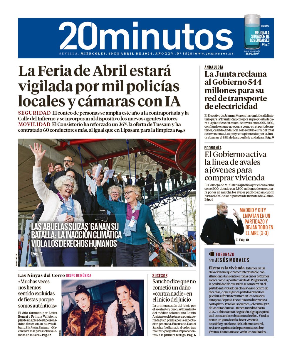 #Portadas @20m: Puigdemont dice que dejará la 'política activa' si no logra ser 'president'; la nueva tarifa del agua de Madrid penalizará el 'despilfarro'; mil policías vigilarán la Feria de Abril; Indignación en Valencia por el recorte del AVE; #Sancho 20minutos.es
