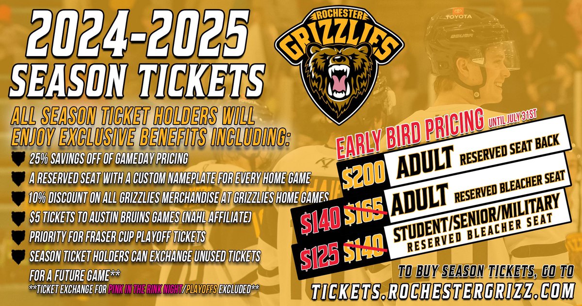 🚨2024-25 SEASON TICKETS ARE NOW ON SALE🚨 Head to the link in our bio to get your season tickets today! Early bird pricing starts today, and goes until July 31st! Early bird SZN TIX pricing is equal to 40% off of game day pricing next season at normal price. #GrizzCountry
