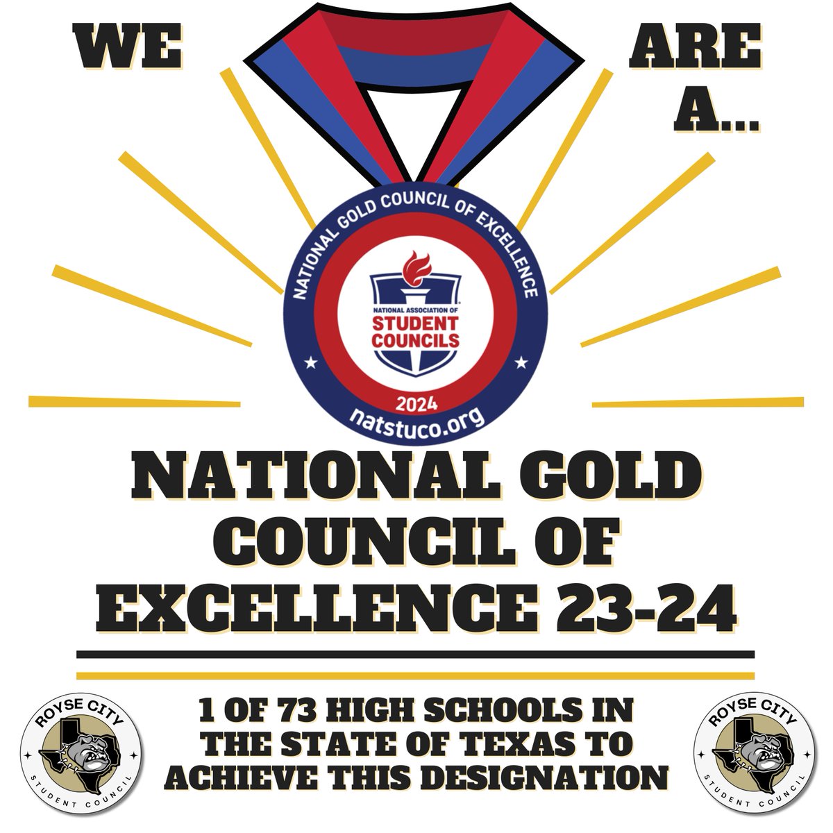 Breaking News! We have achieved National GOLD Council of Excellence status for the 3rd consecutive year! Proud is an understatement! 🏅@RoyseCityHS @RoyseCityISD @NatStuCo @TASC_StuCo @district3tasc