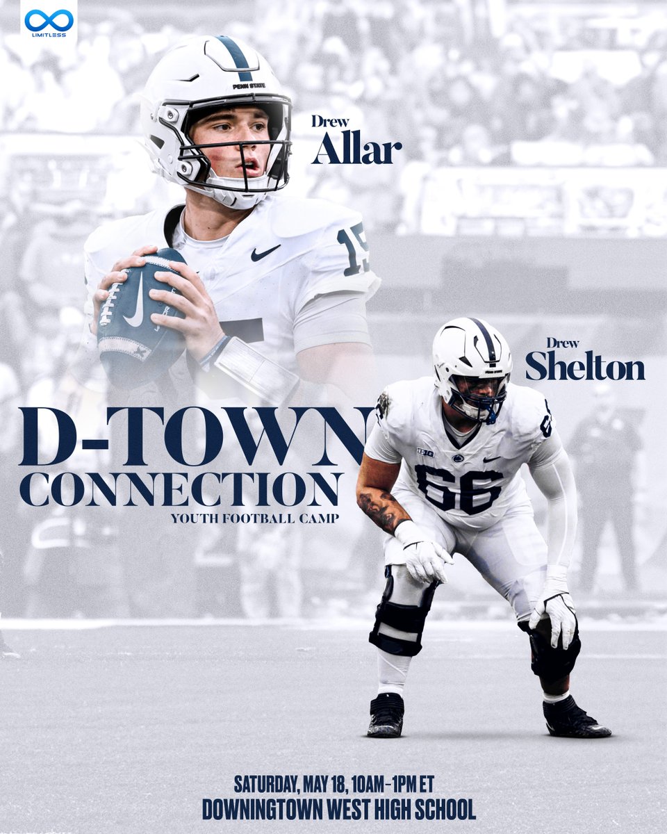 Introducing the 𝐃-𝐓𝐨𝐰𝐧 𝐂𝐨𝐧𝐧𝐞𝐜𝐭𝐢𝐨𝐧 𝐘𝐨𝐮𝐭𝐡 𝐅𝐨𝐨𝐭𝐛𝐚𝐥𝐥 𝐂𝐚𝐦𝐩 ... Penn State OL @drewshelt7 and QB @AllarDrew will host a free camp designed for 4th - 7th graders in Downingtown, PA next month 🎯 Register ➞ limitless.com/camps