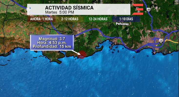 Sismo reajustado a 3.7 entre el sur de Yauco y Guayanilla. Ocurrió a las 4:53 p.m. a 15 kilómetros de profundidad. Es parte de la secuencia sísmica del Suroeste.