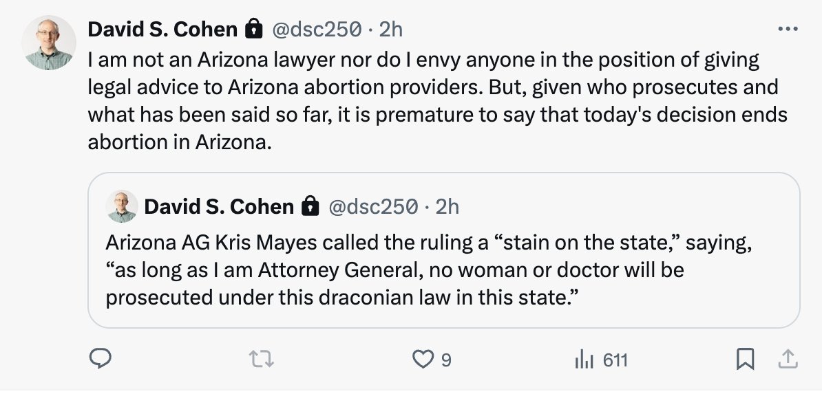 🧵Some thoughts on AZ Atty Gen @krismayes's statement about not prosecuting patients or doctors under the new/old law. Terrific news, BUT... and it's a big but... this is not the answer, long-term. Here's why....