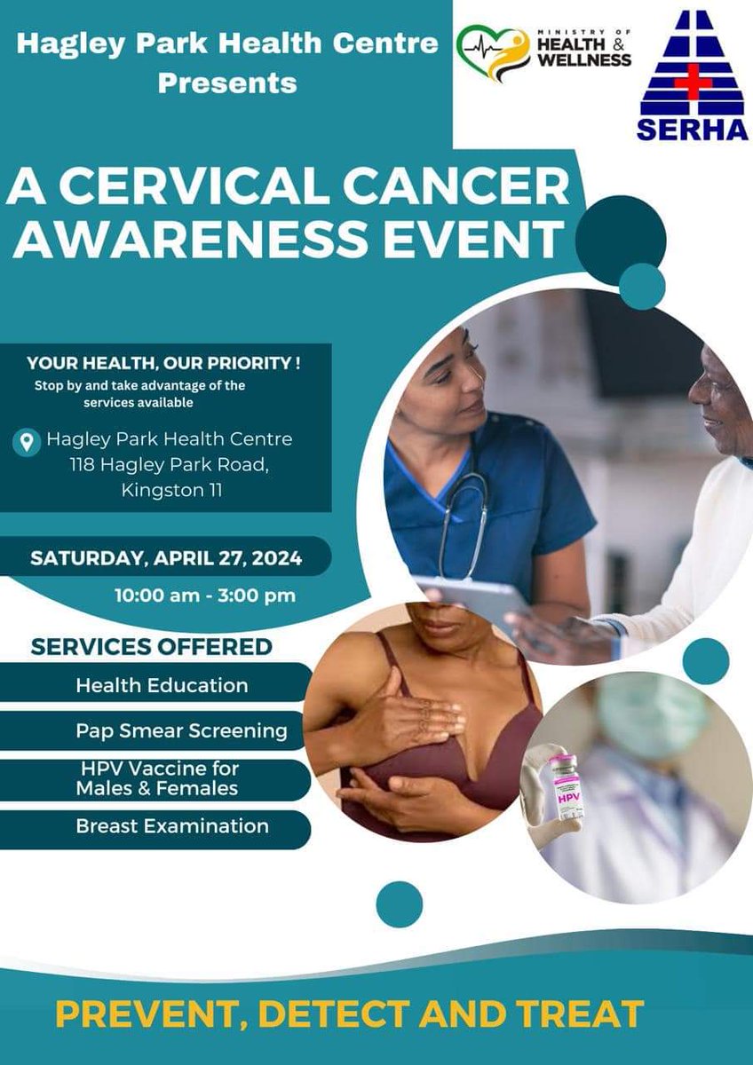 On Saturday, April 27, 2024, the Hagley Park Health Centre will be offering free cervical cancer screening/pap smear, health education, breast examination and vaccination for males and females #Getvaccinated