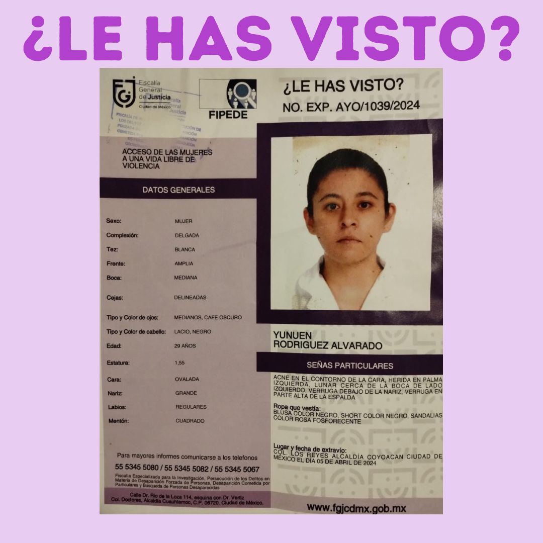 Ayúdanos a compartir 

Salió de casa y ya no regresó . 
Lleva puesta una playera negra, shorts negros, y sandalias rosas. Si la has visto, comunícate a los teléfonos que se encuentran en la foto.