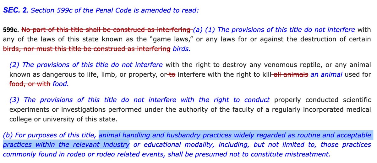 This is wild: California senators want to exempt factory farms from the state's animal cruelty law. If their bill, SB-921, passes, any practice the *industry* thinks is 'routine and acceptable' is presumed legal. This is like a bill to exempt coal power from environmental laws.