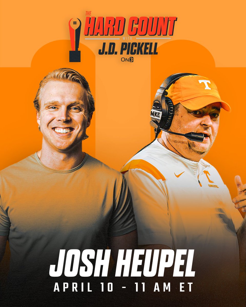 Don't miss Tennessee head coach Josh Heupel tomorrow on The Hard Count with J.D. PicKell🍊 11 AM ET | On3 YouTube Channel @jdpickell x @coachjoshheupel