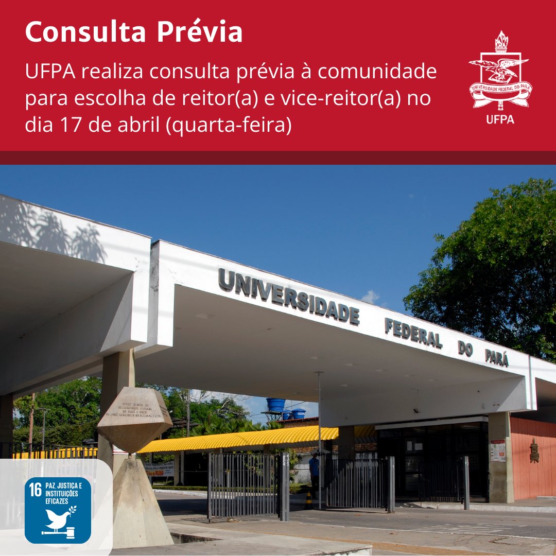 No dia 17 de abril (quarta-feira), das 9h às 21h, por meio do sistema SIG-Eleição, a comunidade da UFPA participará da Consulta Prévia para escolha de reitor(a) e vice-reitor(a) para gestão da instituição no período de 2024 a 2028. Detalhes no #PortalUFPA tinyurl.com/Consulta17abril