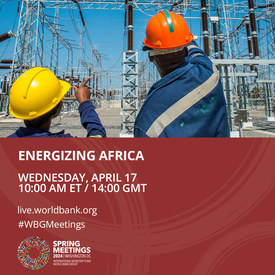 #WBGmeetings  EVENT | What will it take to achieve universal #EnergyAccess in Africa 🌍? Join the conversation with Ajay Banga and a panel of experts to find out.
🗓️ April 17, 10am ET | 2pm GMT wrld.bg/FIr850R8G4x #PoweringAfrica