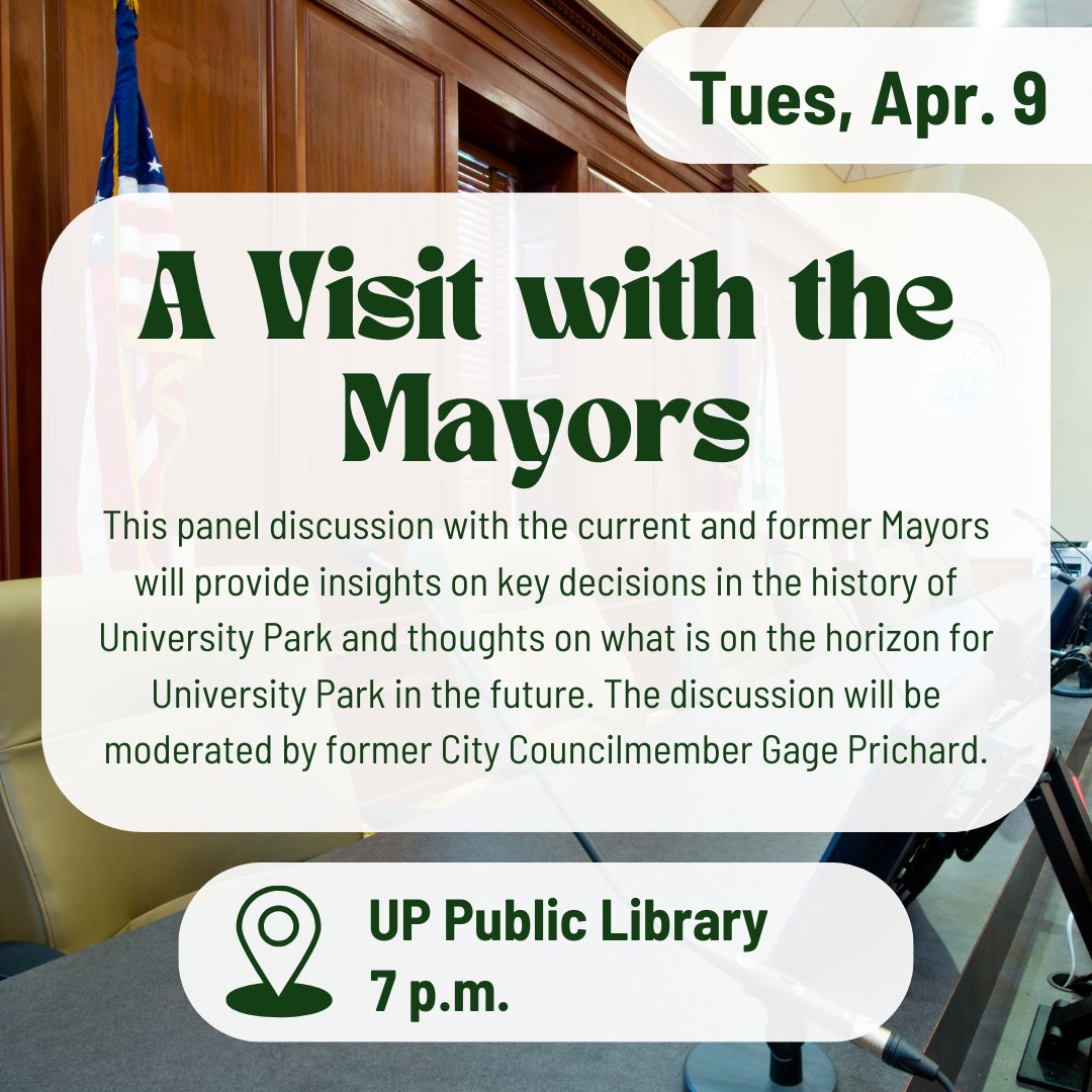 Back at the library tonight at 7 p.m. is a panel discussion with the current and former UP Mayors! See you there!