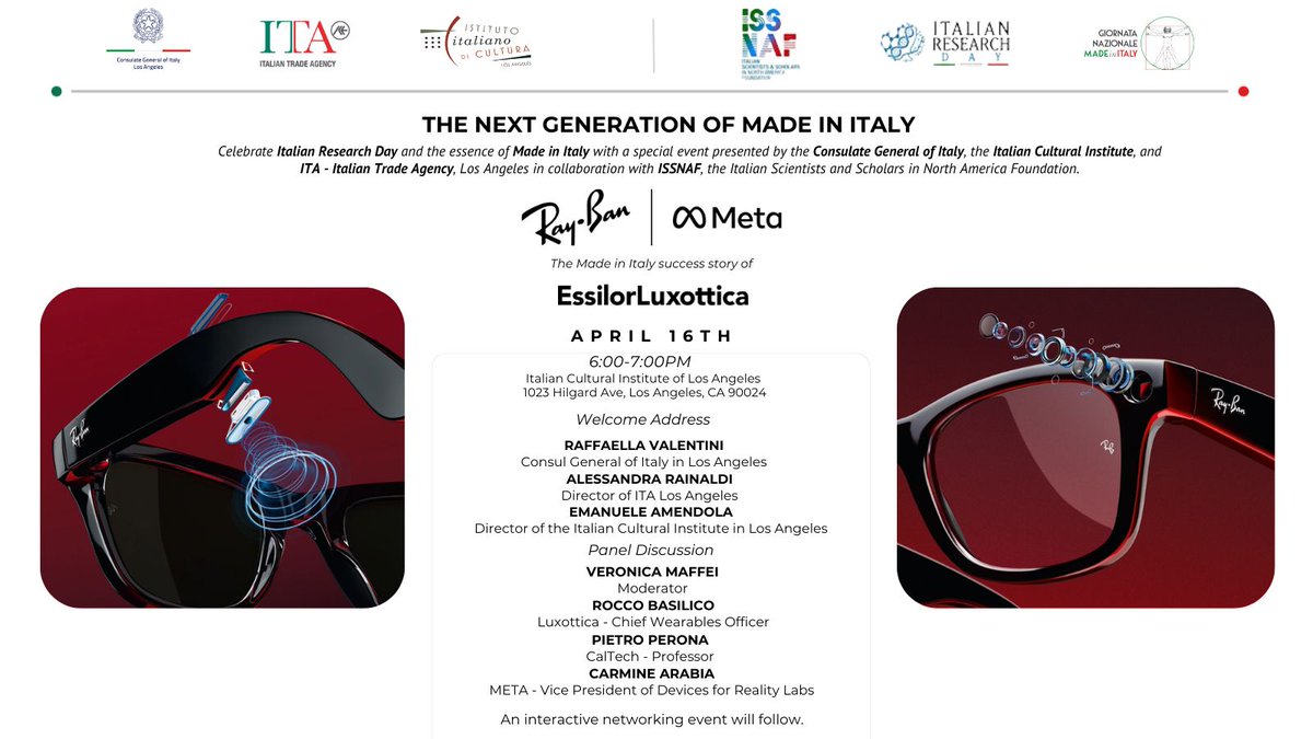Join us for Italian Research Day and Made in Italy Day with a panel on the intersections of design, AI, and tech with industry leaders from Luxottica, META, and Caltech.💡

🗓️ April 16th, 2024
🕕 6:00pm
📍 Italian Cultural Institute Los Angeles

RSVP:  buff.ly/4cT26eW