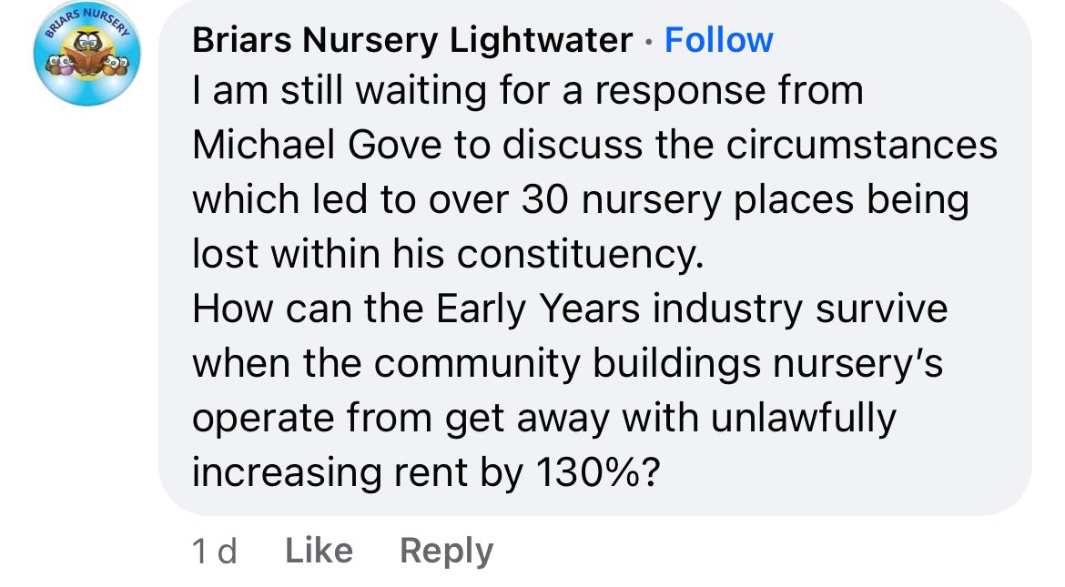 #absenteeMP for Surrey Heath ⁦@michaelgove⁩ called out by a Nursery School in his constituency after posting about his Governments provision of ‘free’ places. Disgusting that he has refused to engage over the loss of 30 places after a 130% rent rise! #GetGoveGone