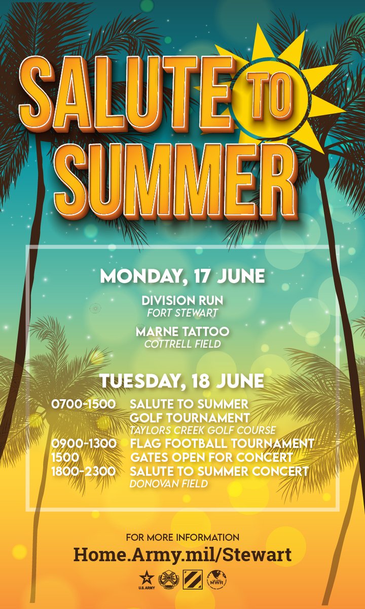 🏝🌤With summer fast approaching, be sure to mark your calendars for a Salute to Summer event! June 17th and 18th, #3ID will be hosting a plethora of activities starting with a division run and capping it off with a concert! For more information visit home.army.mil/stewart/