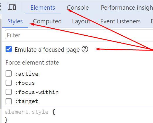 Why did I only find out now about Chrome's "Emulate a focused page" override? 😮 

Happy the DevTools team moved it to a more-discoverable location. Now I can easily debug elements with JS focus state, without any weird hacks 💪 

developer.chrome.com/blog/new-in-de…