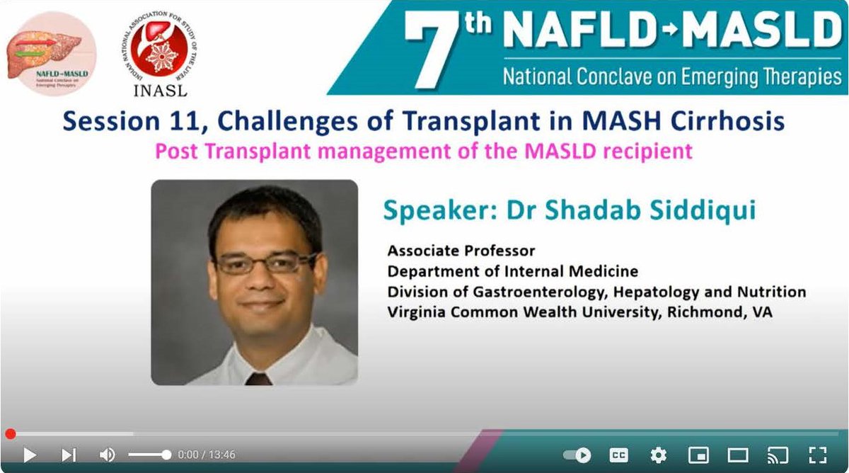 👁️ The institute's Shadab Siddiqui in the @nash24x7 video on post-transplant management of the #MASLD patient. bit.ly/49jdKg5 #livertwitter #liver @VCUTransplant #livertransplant