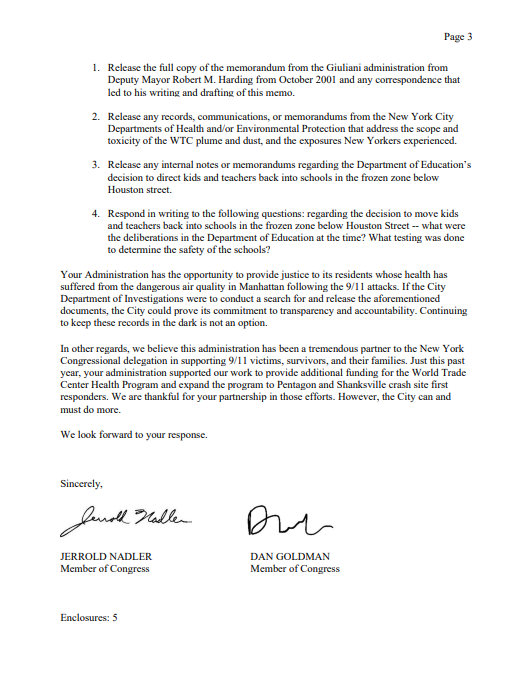 Today, @RepDanGoldman and I once again wrote to @NYCMayor urging him to release Giuliani Administration records regarding what @RudyGiuliani knew about the toxins surrounding Ground Zero while he was claiming it was safe for New Yorkers to return to Lower Manhattan after 9/11.…