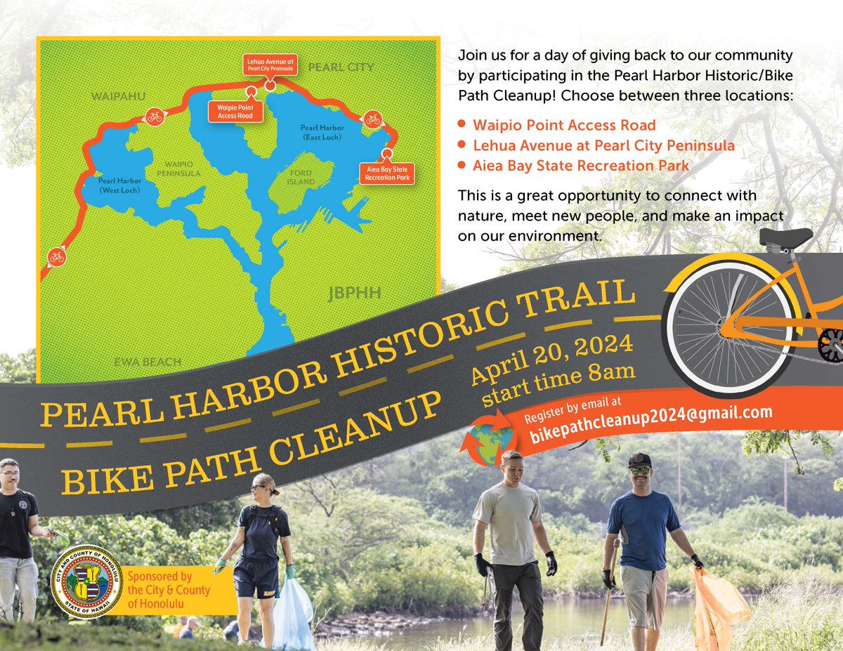 Join members of our military and the community by participating in the Pearl Harbor Historic/Bike Path Cleanup. The event is being led by the NCTF – RH, NIOC Hawaii, @JointBasePHH , and the Special Operations Command. Volunteers register via email BikePathCleanup2024@gmail.com