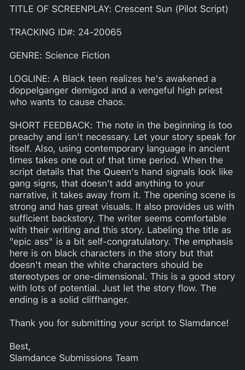 So, I wrote a TV show script about Black kids waking up demigods and fighting supernatural army, and this reader had something to say. When I say I’m appalled? Like damn. Art is subjective, and I get that. But who did I piss off at @Slamdance ? Wish I can get my money back.…