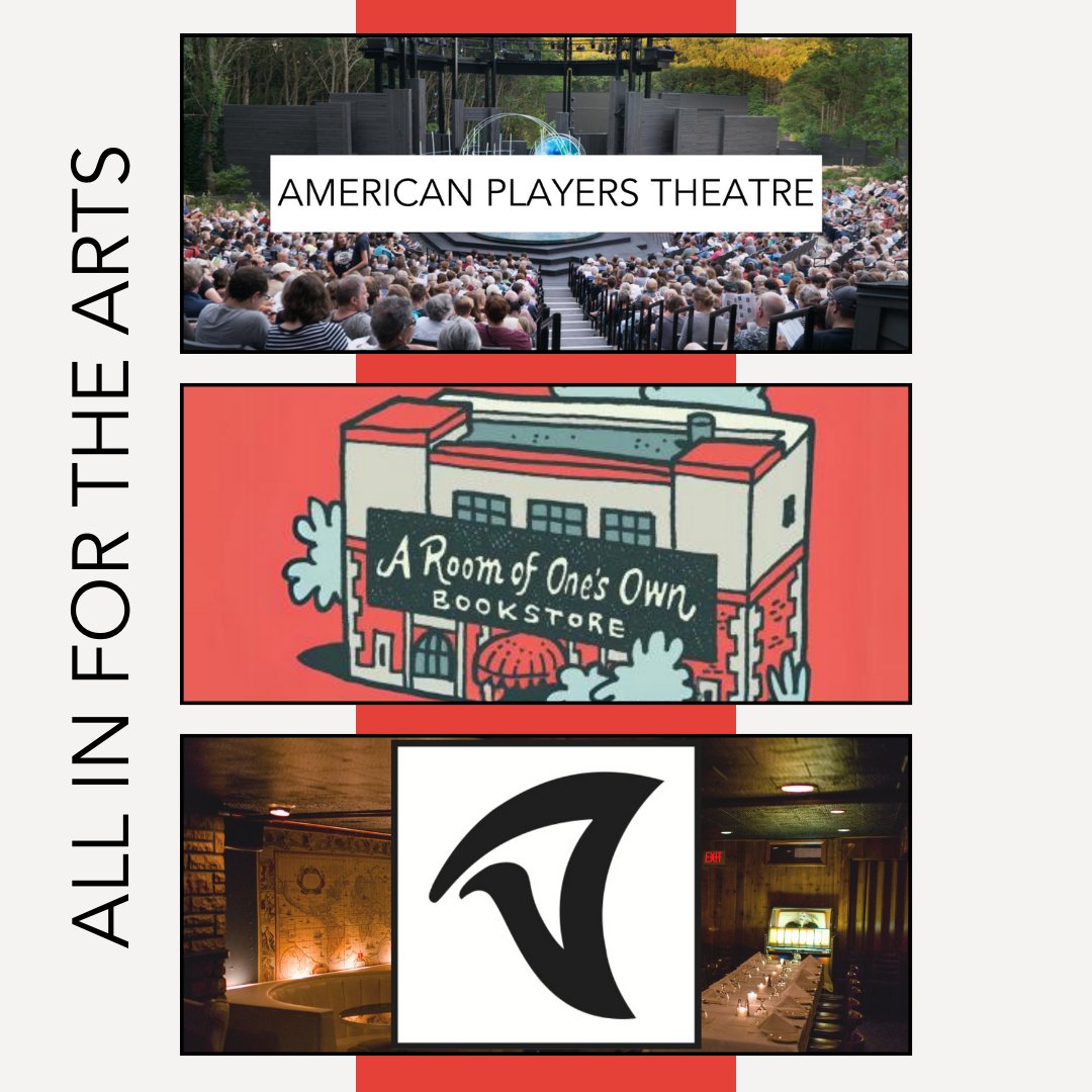 Today's featured ALL IN FOR THE ARTS 2024 auction donors are American Players Theater, A Room of One's Own, and Tornado Steakhouse. Place your bids now and support our free and low-cost arts education programs! givebutter.com/c/allinforthea…