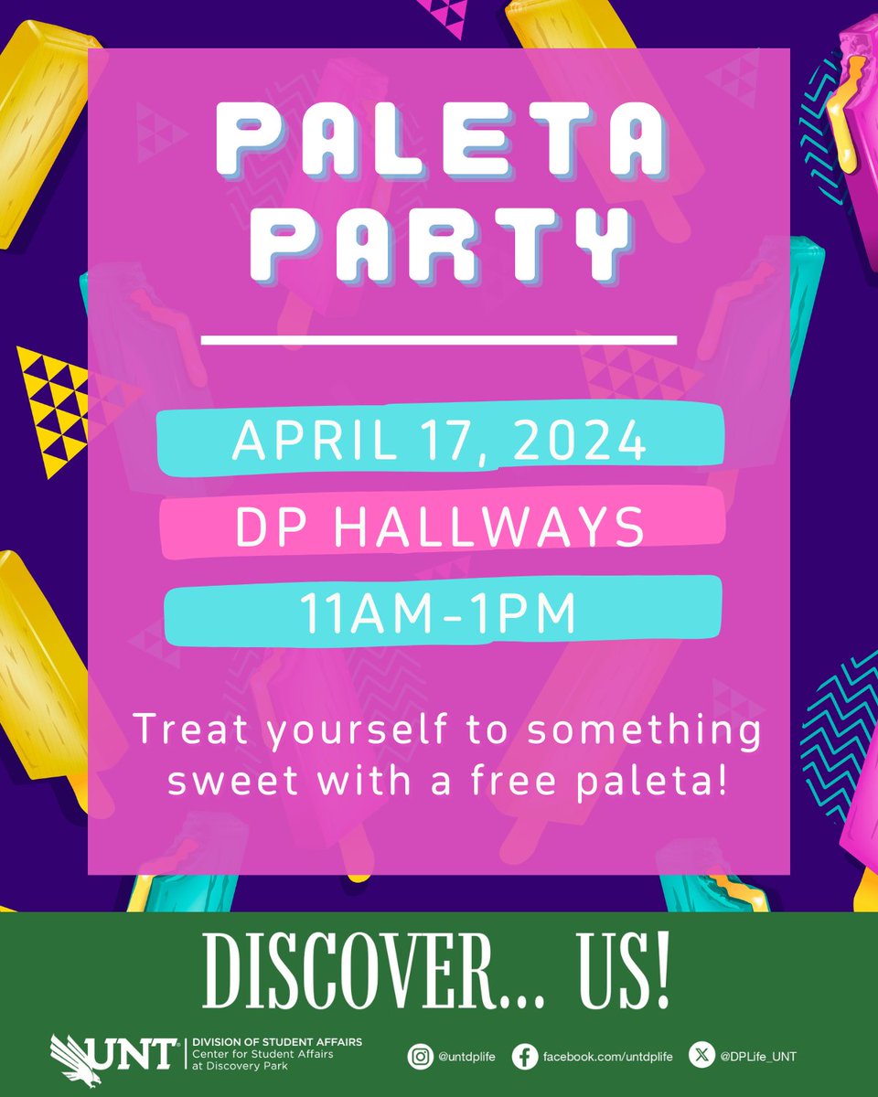 Listen for the bells and catch us as we stroll through the DP hallways so you can grab your favorite flavor before they run out at our Paleta Party next Wednesday! 🍦💚🔔

🗓 Wednesday, April 17th
⏰11am-1pm
📍DP Hallways