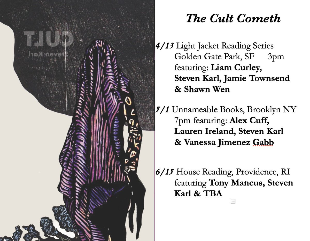 Reading in San Francisco on Saturday! Brooklyn on May Day. Hope to see ya! #ihrtthecultyears #thecultcometh #lightjacketreadingseries #poetryreading #vegetarianalcoholicpress #poetry